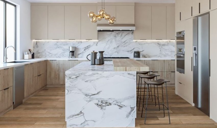 porcelain quartz island countertop waterfall backsplash bel air los angeles